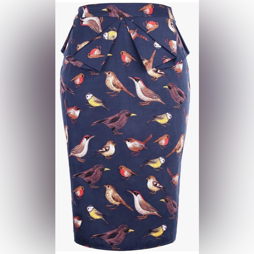 NEW! Grace Karin Birds Graphic Print Vintage Slim Peplum Bow Pencil Skirt